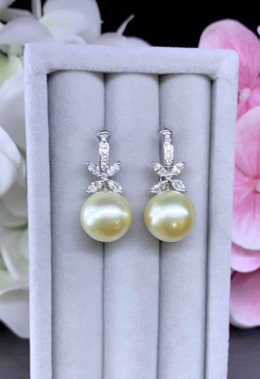 GIT Certified Golden South Sea Pearls Diamonds 18K Gold Earrings For Sale 2