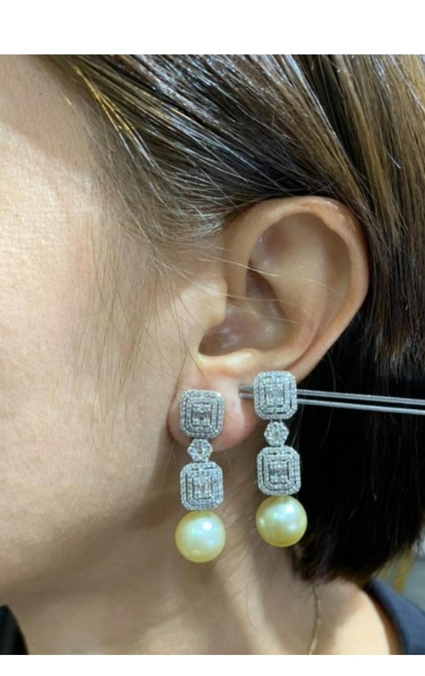 GIT Certified Golden South Sea Pearls Diamonds 18K Gold Earrings For Sale 2