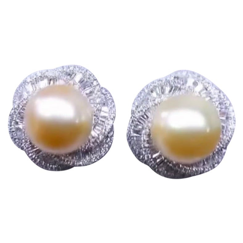 GIT Certified Golden South Sea Pearls   Diamonds 18K Gold Earrings