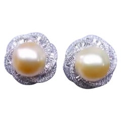 GIT Certified Golden South Sea Pearls   Diamonds 18K Gold Earrings