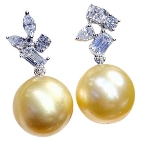 GIT Certified Golden South Sea Pearls Diamonds 18K Gold Earrings