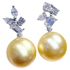 GIT Certified Golden South Sea Pearls Diamonds 18K Gold Earrings