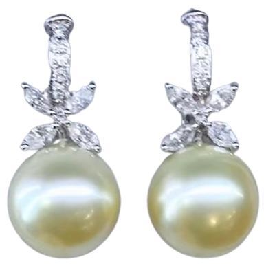 GIT Certified Golden South Sea Pearls Diamonds 18K Gold Earrings