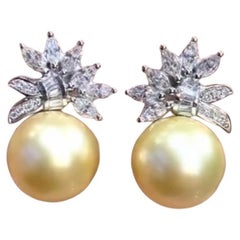 GIT Certified Golden South Sea Pearls Diamonds 18K Gold Earrings