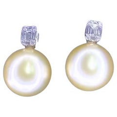 GIT Certified Golden South Sea Pearls Diamonds 18K Gold Earrings