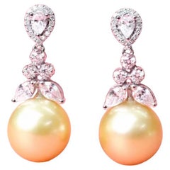GIT Certified Golden South Sea Pearls Diamonds 18k Gold Earrings