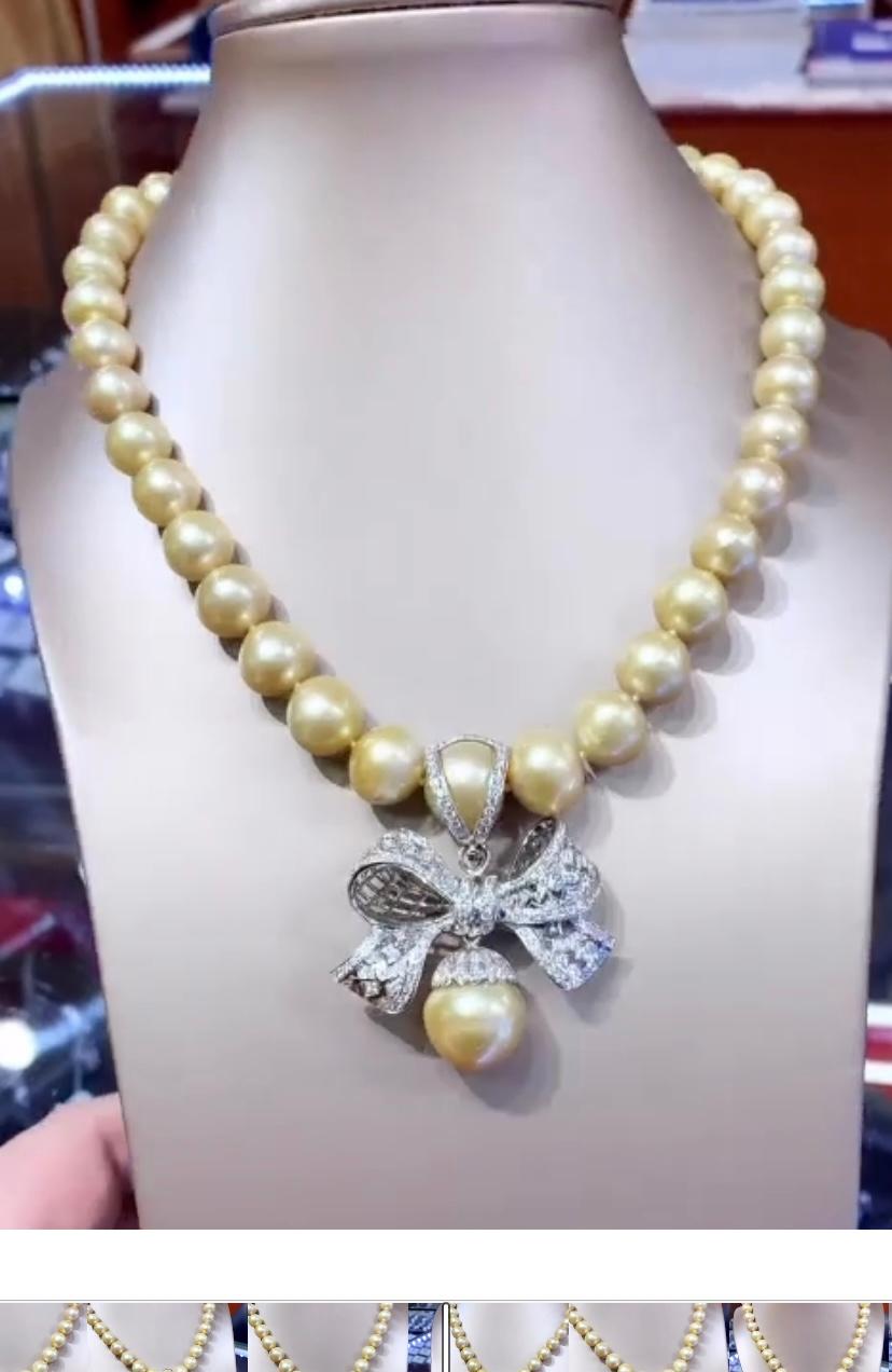 Women's GIT Certified Golden South Sea Pearls  Diamonds 18K Gold Necklace   For Sale