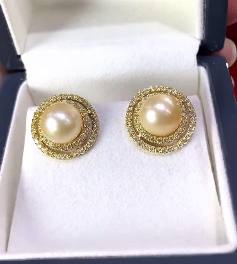GIT Certified Golden South Sea Pearls Fancy Yellow Diamonds 18K Gold Earrings For Sale 2