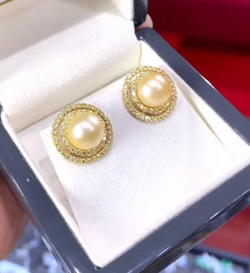 GIT Certified Golden South Sea Pearls Fancy Yellow Diamonds 18K Gold Earrings For Sale 3