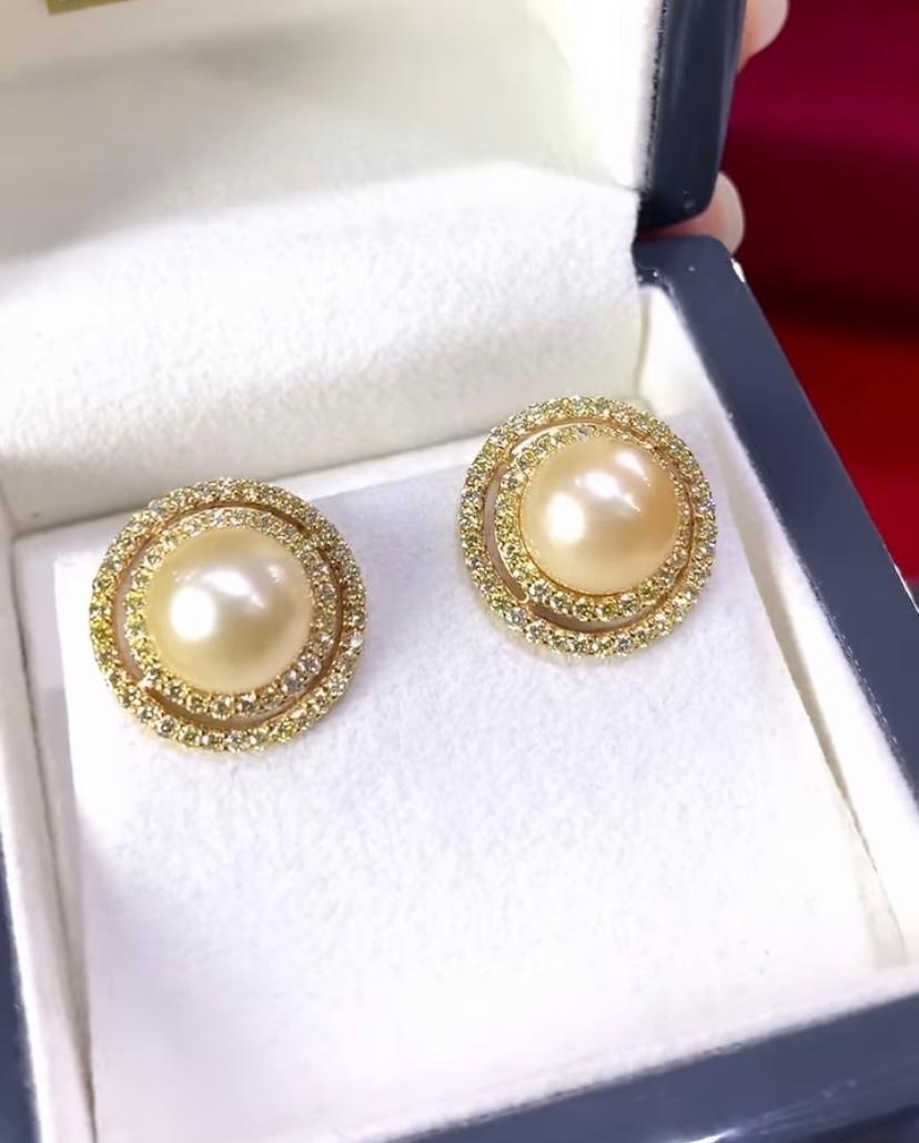 GIT Certified Golden South Sea Pearls Fancy Yellow Diamonds 18K Gold Earrings For Sale 4