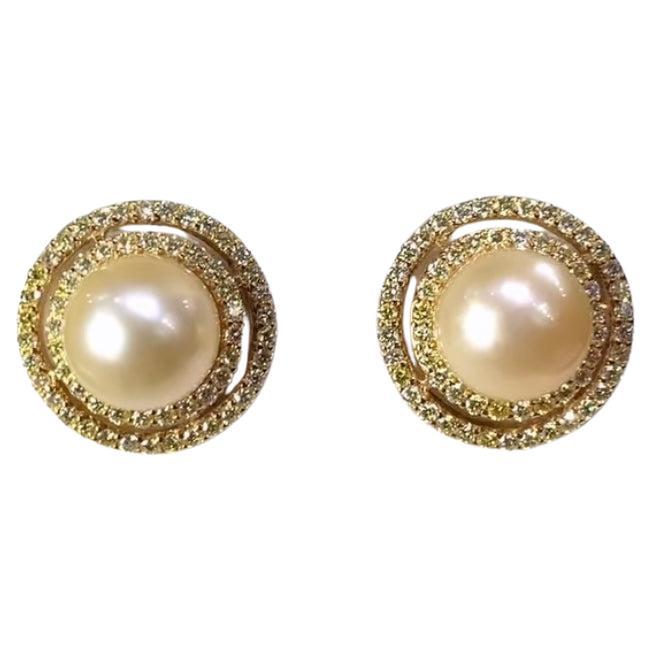 GIT Certified Golden South Sea Pearls Fancy Yellow Diamonds 18K Gold Earrings For Sale