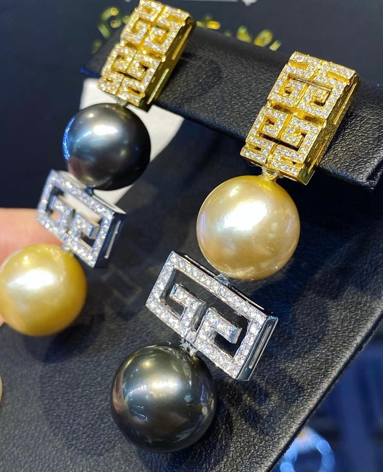 Round Cut Git Certified Golden South Sea Tahitian Pearls Diamonds 18k Gold Earrings For Sale