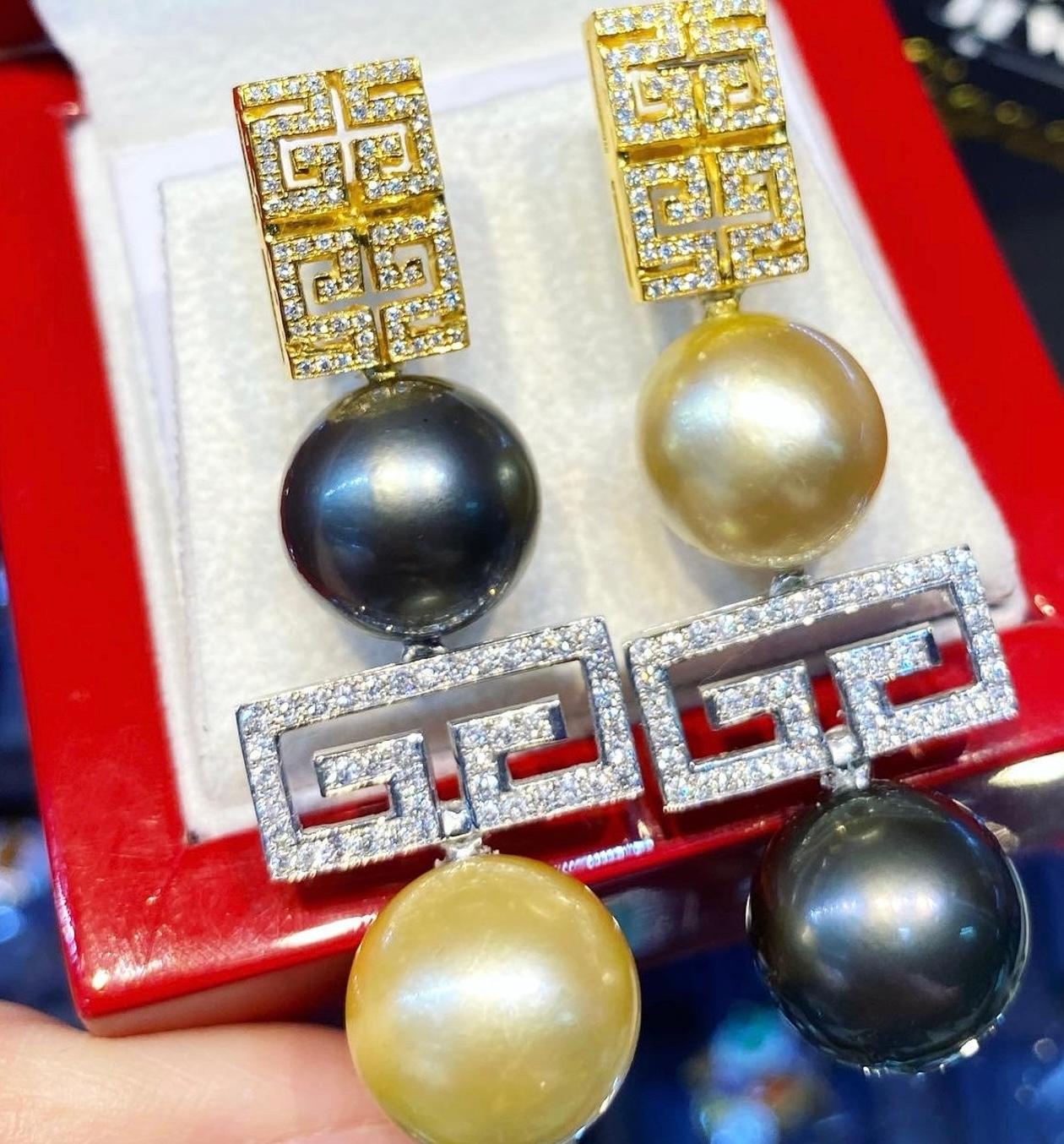 Women's Git Certified Golden South Sea Tahitian Pearls Diamonds 18k Gold Earrings For Sale