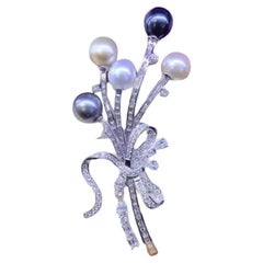 GIT Certified South Sea and Tahitian Pearls  5.30 Ct Diamonds 18K Gold Brooch