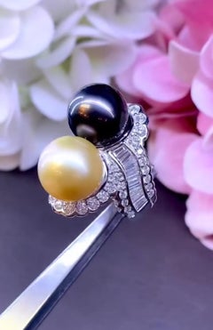 GIT Certified South Sea Golden Tahitian Pearls 2.90 Ct  Diamonds 18K Gold Ring