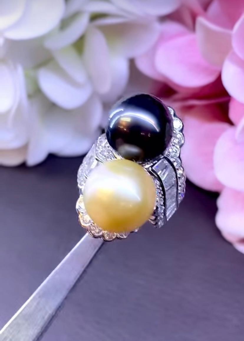 Perle di Tahiti dorate dei mari del sud certificate GIT 2,90 carati  Anello con diamanti in oro 18 carati in vendita 1