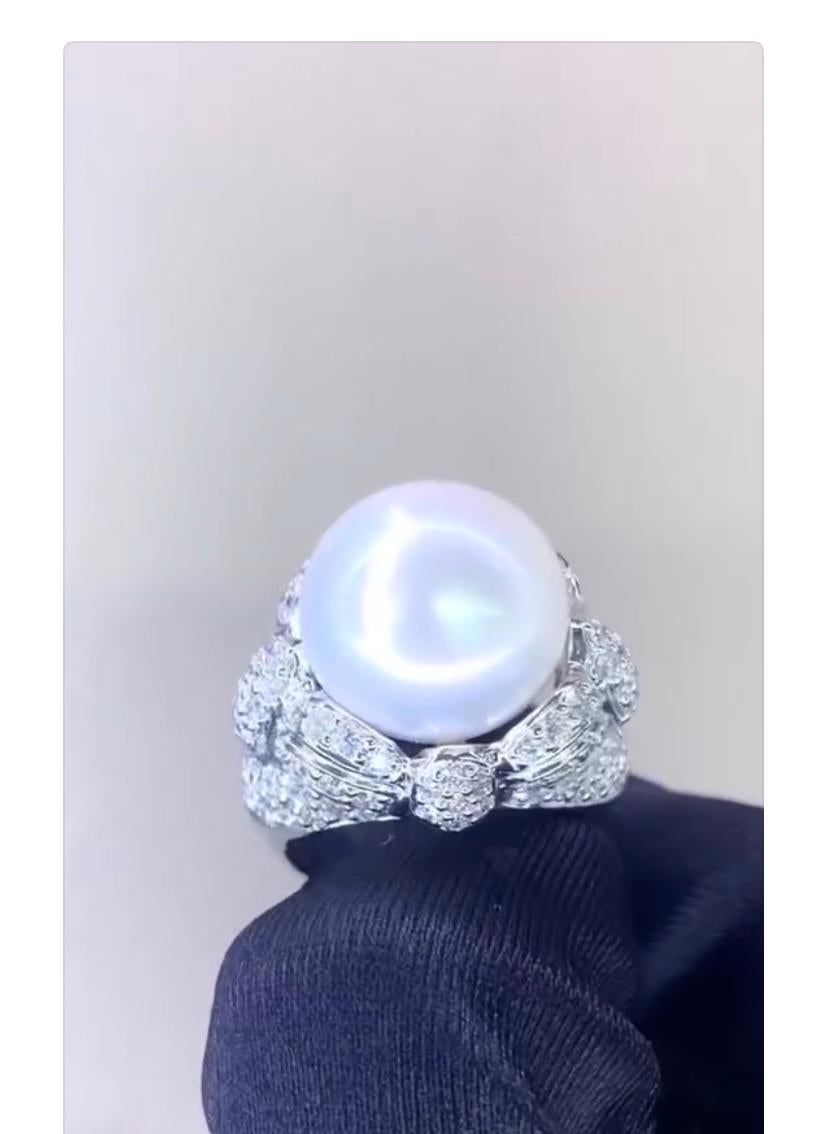 Round Cut GIT Certified South Sea Pearl 3.00 Ct Diamonds 18K Gold Ring For Sale