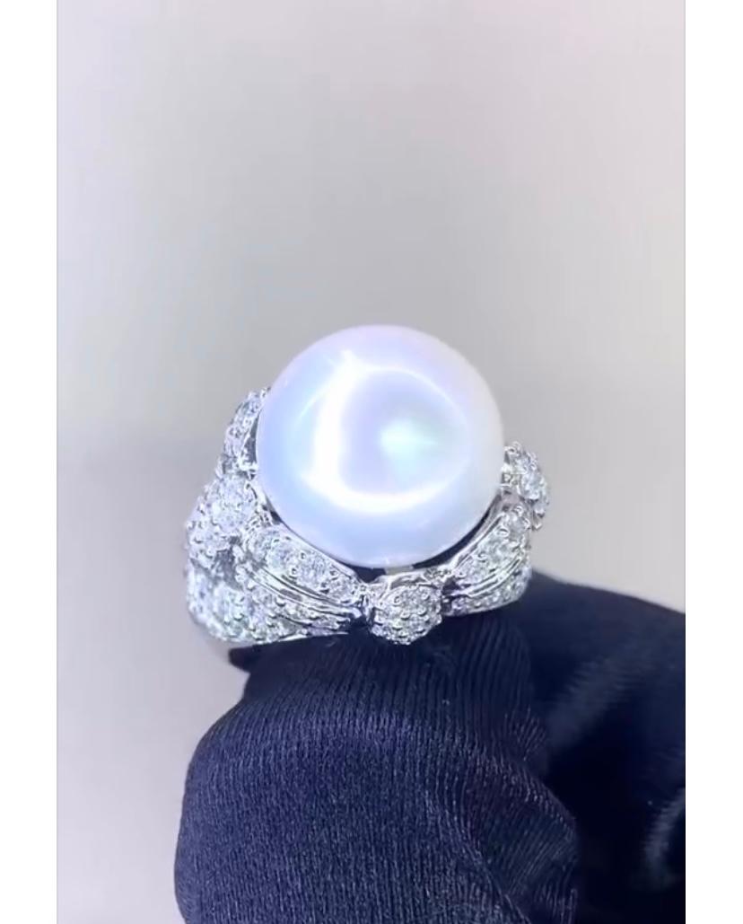 GIT Certified South Sea Pearl 3.00 Ct Diamonds 18K Gold Ring For Sale 1