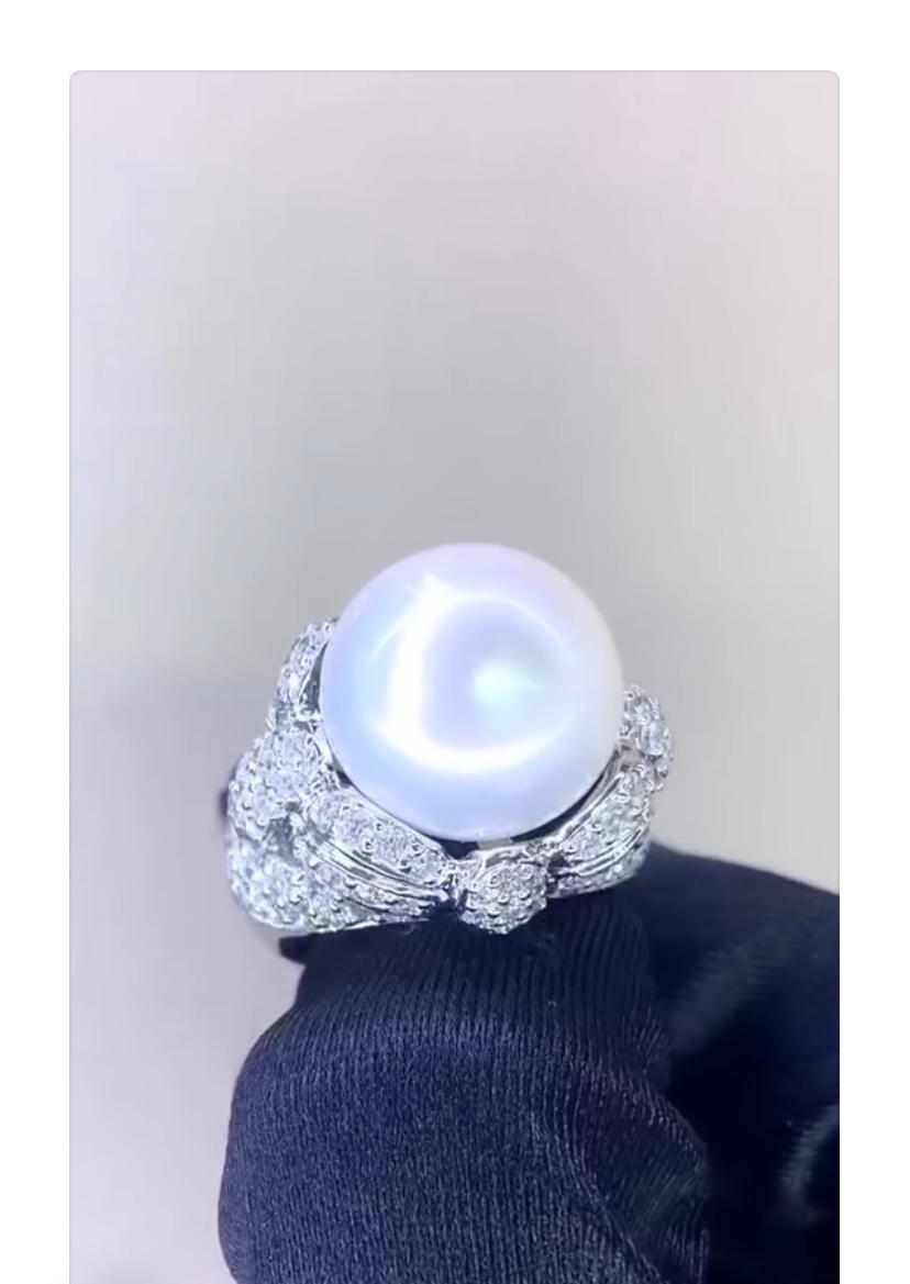 GIT Certified South Sea Pearl 3.00 Ct Diamonds 18K Gold Ring For Sale 2