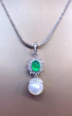 GIT Certified South Sea Pearl 3.00 Ct Zambian Emeralds Diamonds 18K Gold Pendant
