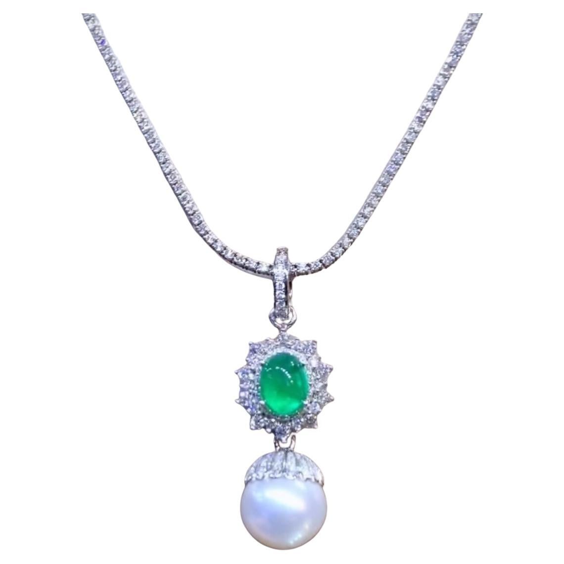 GIT Certificado Perla del Mar del Sur 3.00 Ct Esmeraldas de Zambia Diamantes Colgante de Oro de 18K