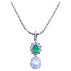 GIT Certificado Perla del Mar del Sur 3.00 Ct Esmeraldas de Zambia Diamantes Colgante de Oro de 18K