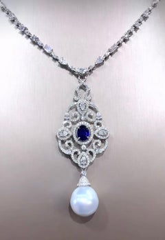 GIT Certified South Sea Pearl  3.30 Ct Diamonds 2.80 Ct Ceylon Sapphire Pendant