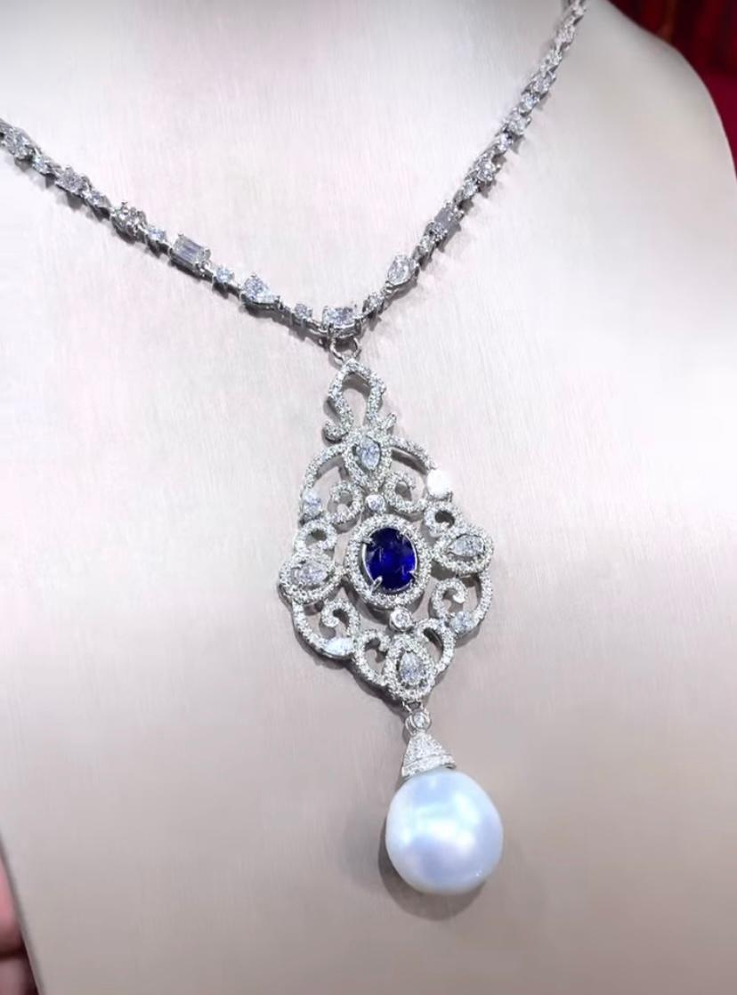 Perle des mers du Sud certifiée GIT  3.30 Ct Diamants 2.80 Ct Saphir de Ceylan Pendentif Pour femmes en vente