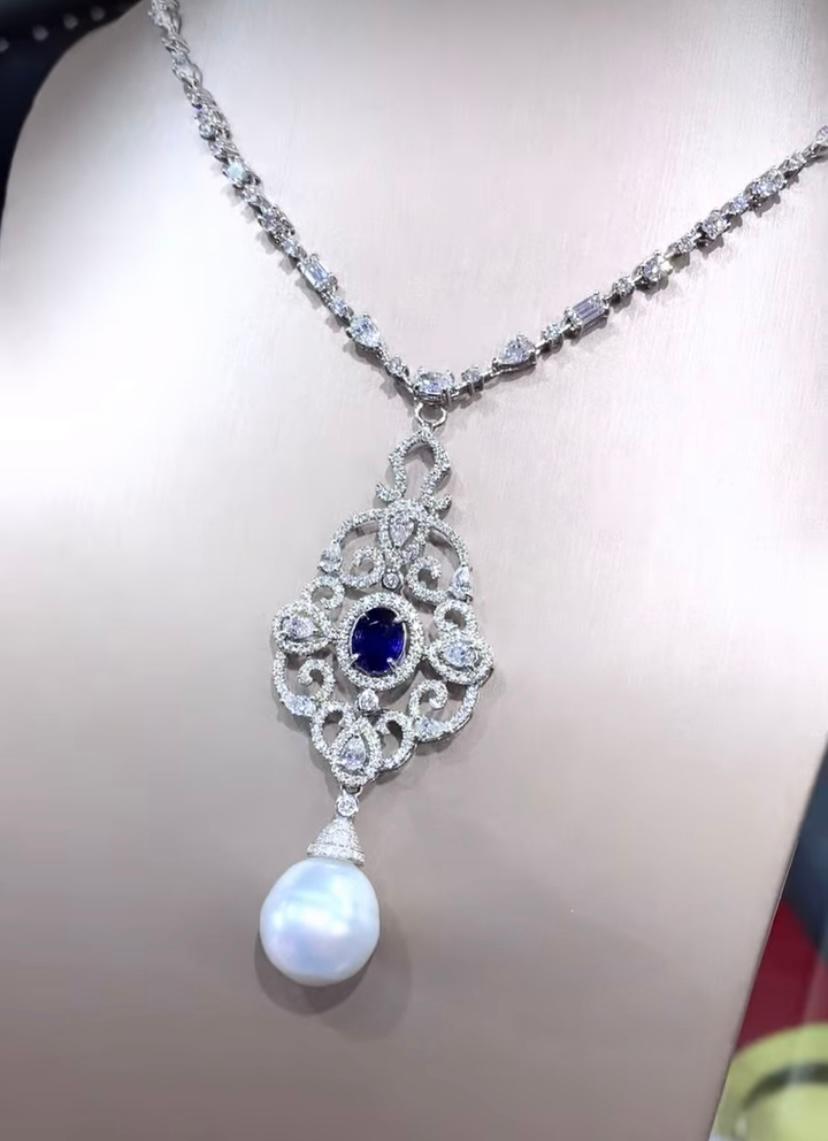 Perle des mers du Sud certifiée GIT  3.30 Ct Diamants 2.80 Ct Saphir de Ceylan Pendentif en vente 1