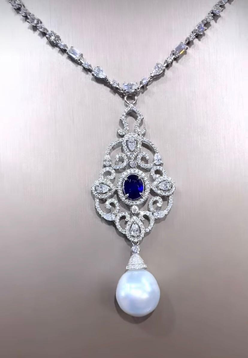 Perle des mers du Sud certifiée GIT  3.30 Ct Diamants 2.80 Ct Saphir de Ceylan Pendentif en vente 2
