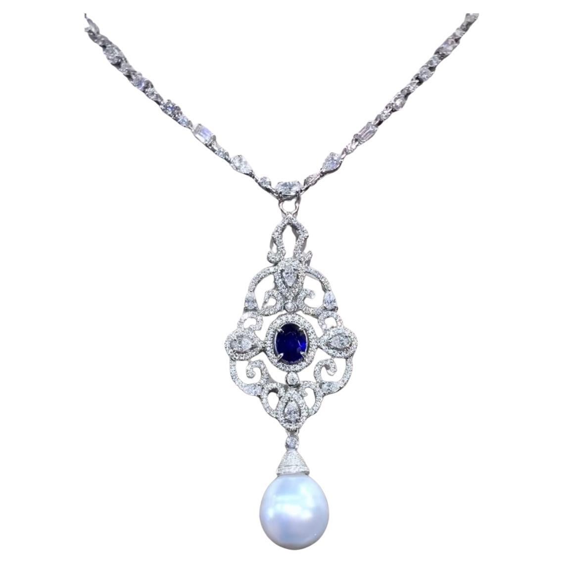 GIT Certified South Sea Pearl  3.30 Ct Diamonds 2.80 Ct Ceylon Sapphire Pendant