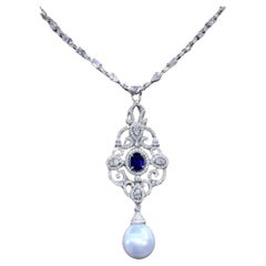 GIT Certified South Sea Pearl  3.30 Ct Diamonds 2.80 Ct Ceylon Sapphire Pendant