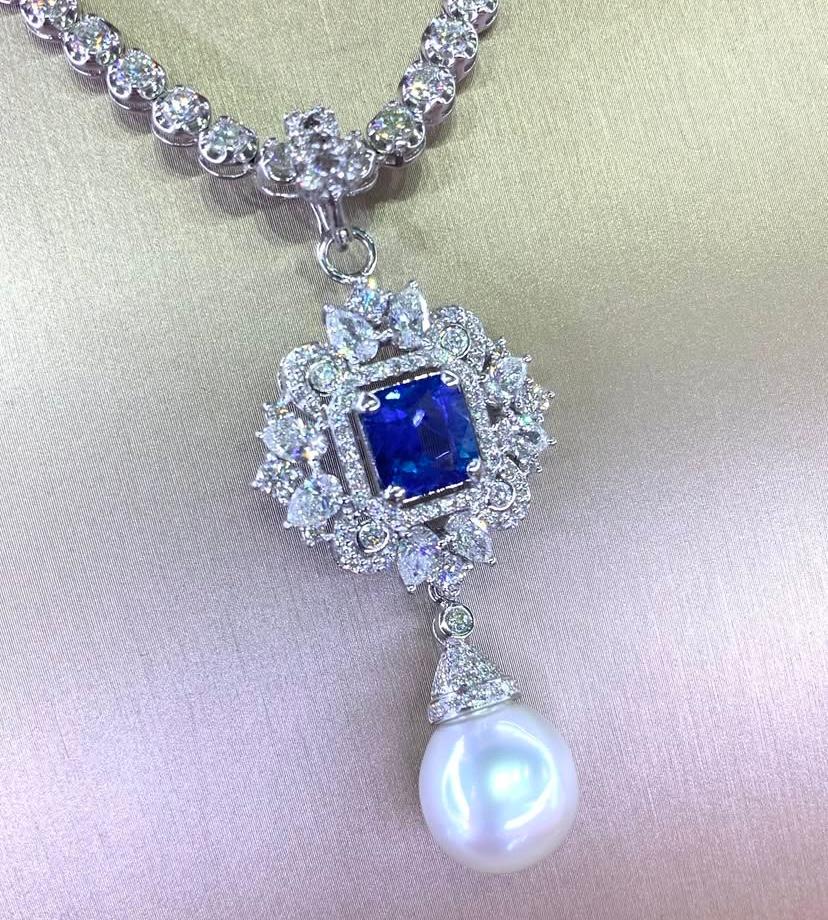 Perla dei mari del sud certificata GIT 3,60 ct Zaffiro di Ceylon 3,40 ct Ciondolo con diamanti in vendita 6