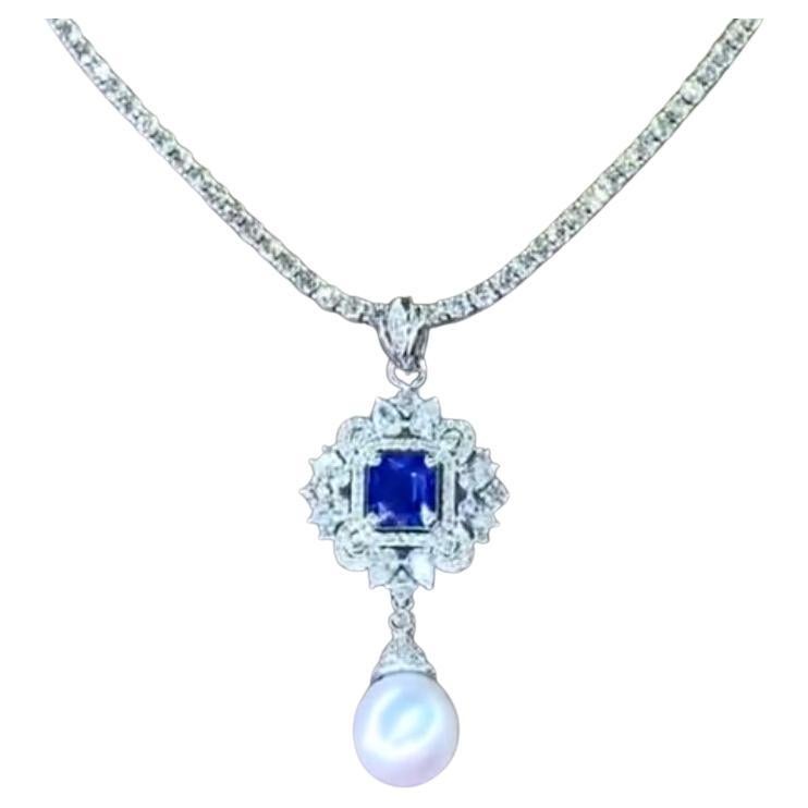 Perla dei mari del sud certificata GIT 3,60 ct Zaffiro di Ceylon 3,40 ct Ciondolo con diamanti