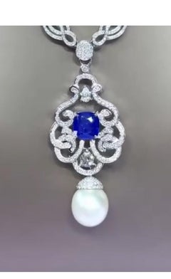 Pendentif avec perle des mers du Sud certifiée GIT, saphir de Ceylan de 6,00 carats et diamants de 2,60 carats