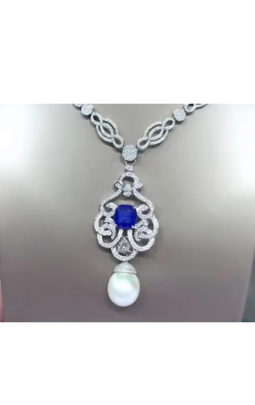 Taglio misto Ciondolo con perla dei mari del sud certificata GIT 6,00 carati di zaffiro di Ceylon 2,60 carati di diamanti in vendita