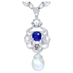 GIT Certified South Sea Pearl 6.00 Ct Ceylon Sapphire 2.60 Ct Diamonds Pendant
