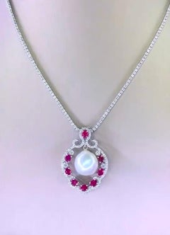 GIT Certified South Sea Pearl Burma Ruby Diamonds 18K Gold Pendant