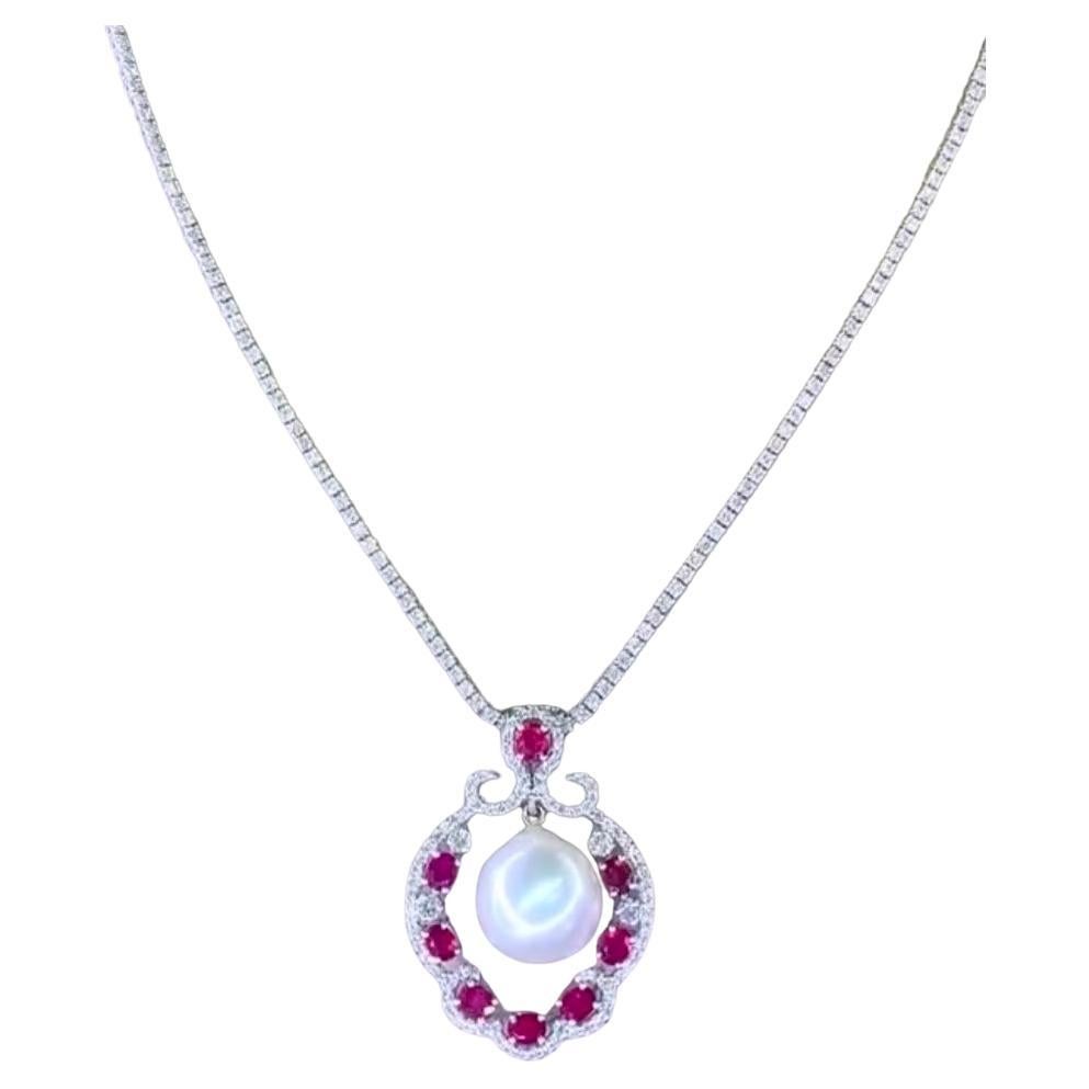 GIT Certified South Sea Pearl Burma Ruby Diamonds 18K Gold Pendant