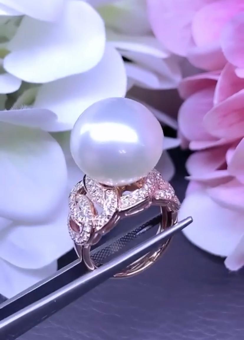 GIT Certified South Sea Pearl  Diamonds 18K Gold Cocktail Ring For Sale 2