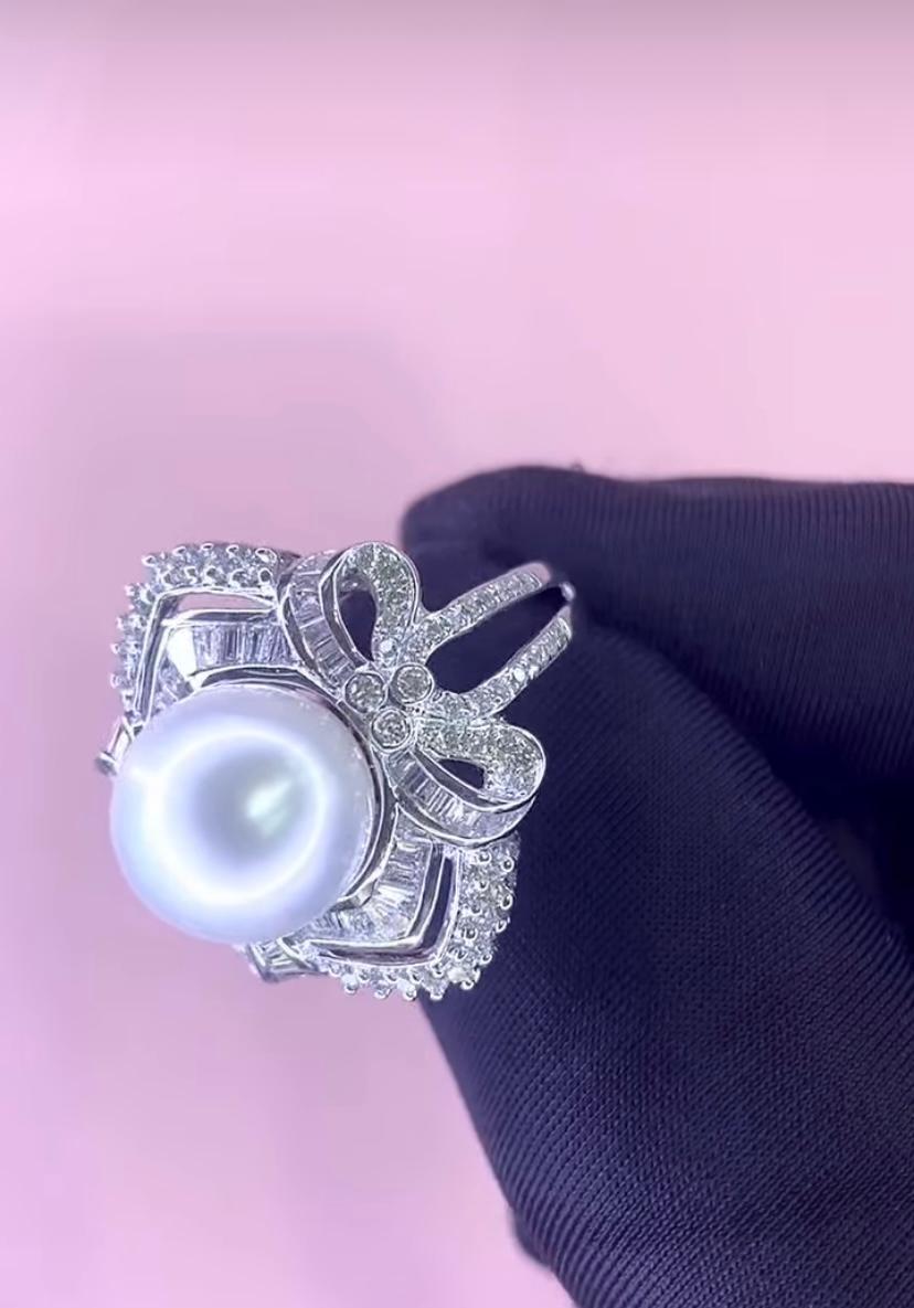 Round Cut GIT Certified South Sea Pearl Diamonds 18k Gold Ring For Sale