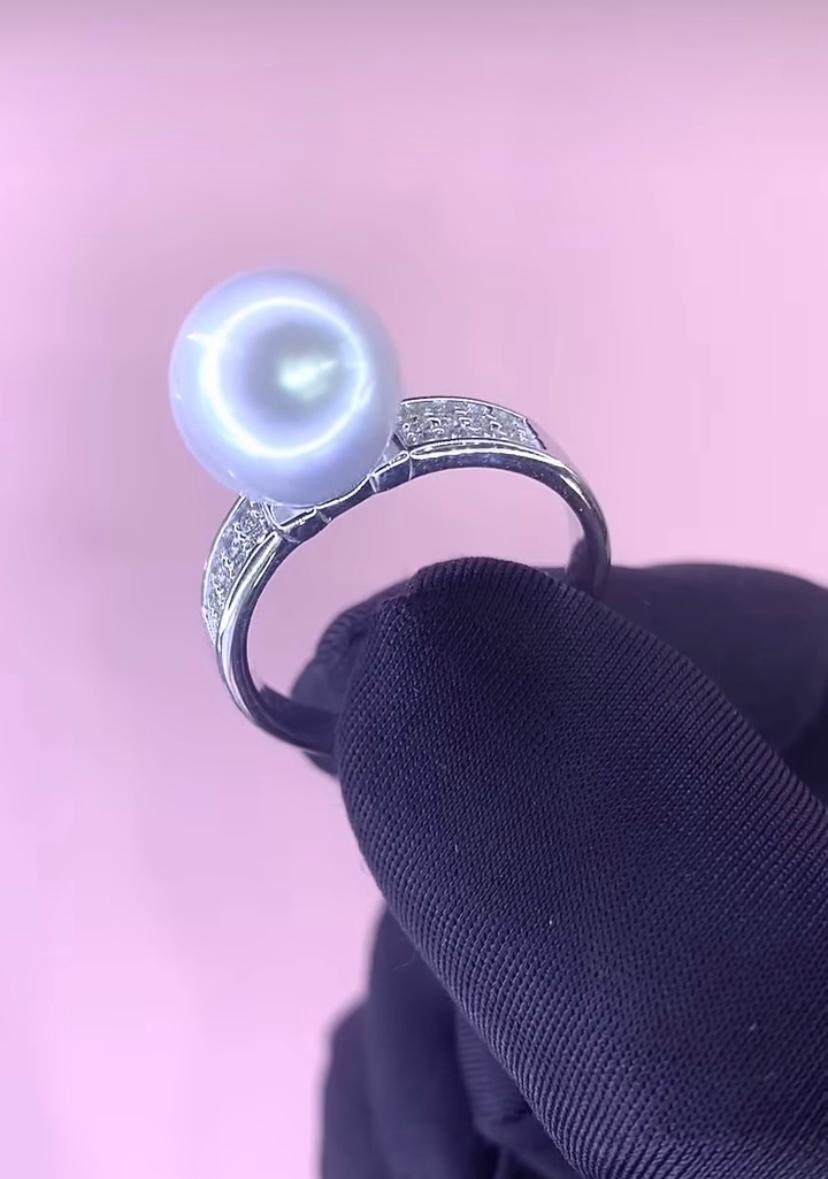 Round Cut GIT Certified South Sea Pearl Diamonds 18K Gold Ring For Sale