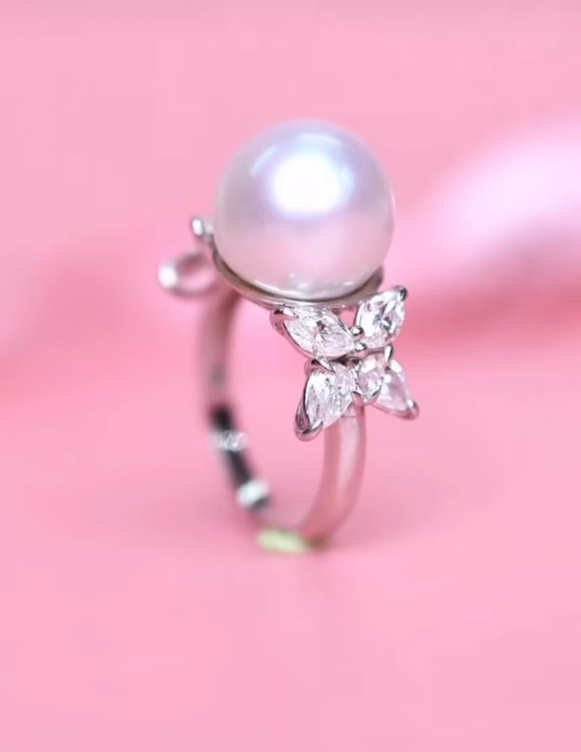 Round Cut GIT Certified South Sea Pearl Diamonds 18K Gold Ring For Sale