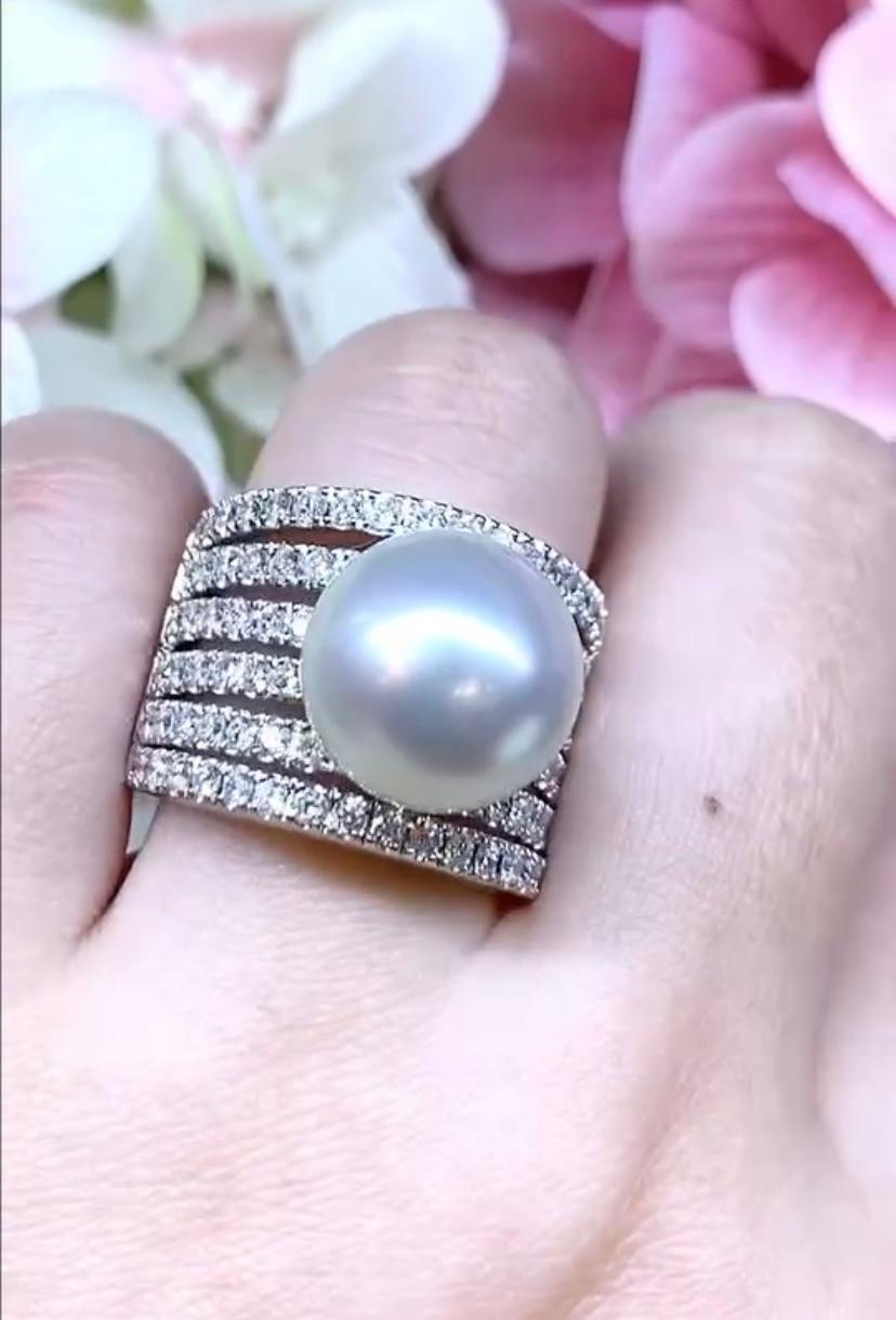 GIT Certified South Sea Pearl Diamonds 18K Gold Ring For Sale 2