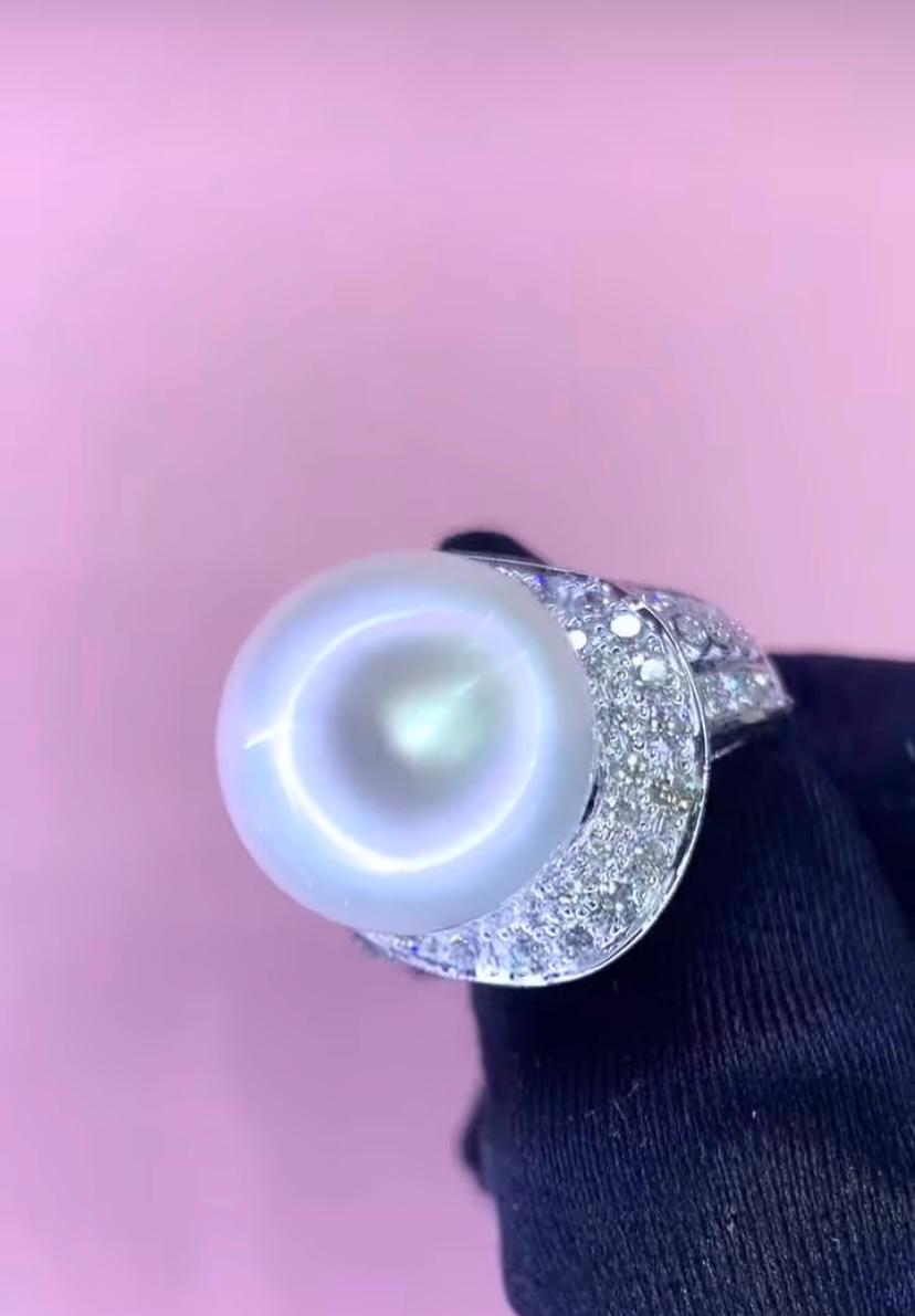 GIT Certified South Sea Pearl Diamonds 18K Gold Ring For Sale 2