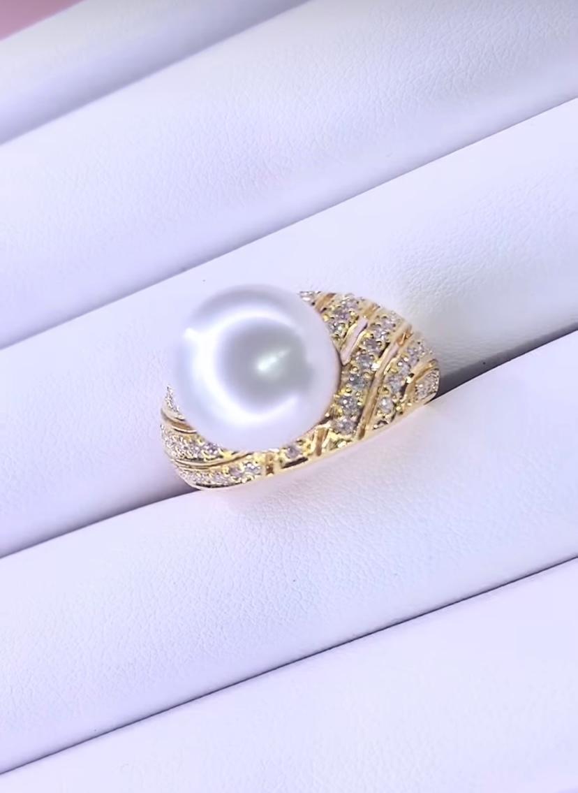 GIT Certified South Sea Pearl Diamonds 18K Gold Ring For Sale 2