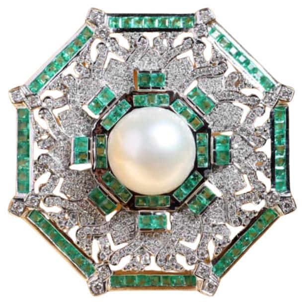 GIT Certified Südsee Perle Diamanten Smaragde 18K Gold Brosche/Anhänger