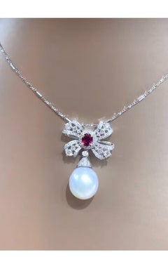 GIT Certified South Sea Pearl Diamonds Siam Ruby 18K Gold Pendant