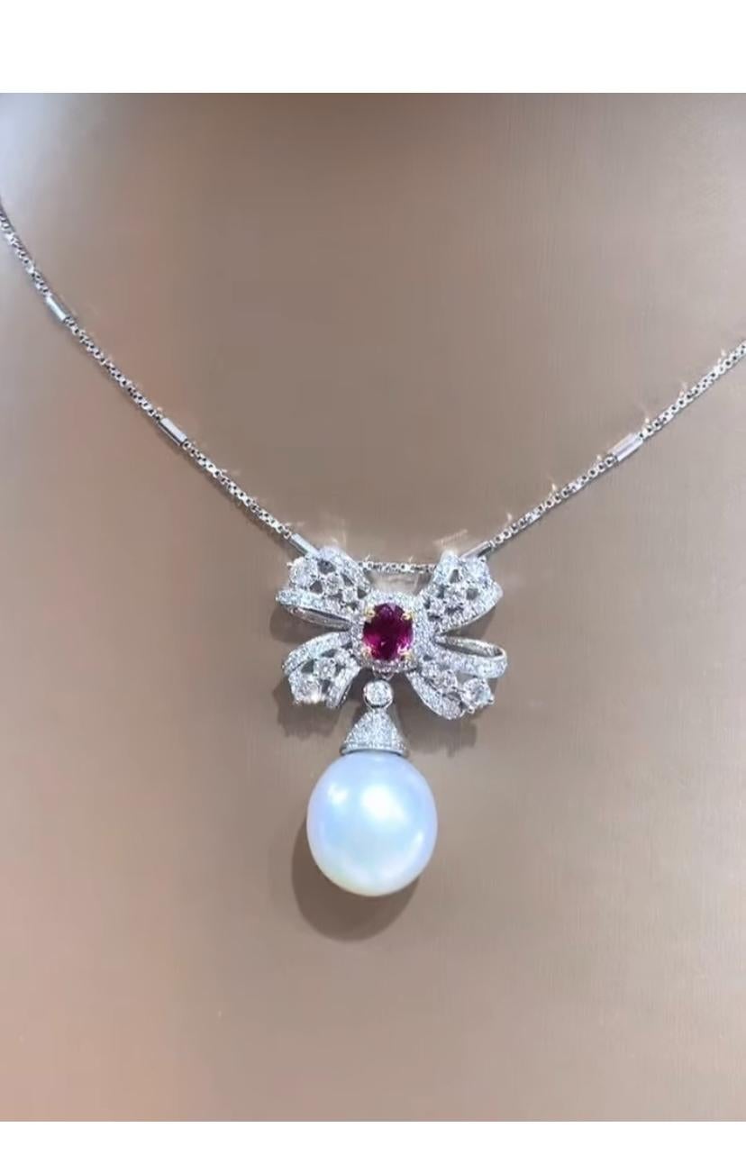 Mixed Cut GIT Certified South Sea Pearl Diamonds Siam Ruby 18K Gold Pendant For Sale