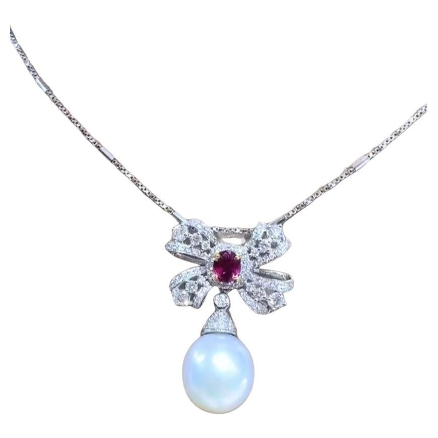 GIT Certified South Sea Pearl Diamonds Siam Ruby 18K Gold Pendant
